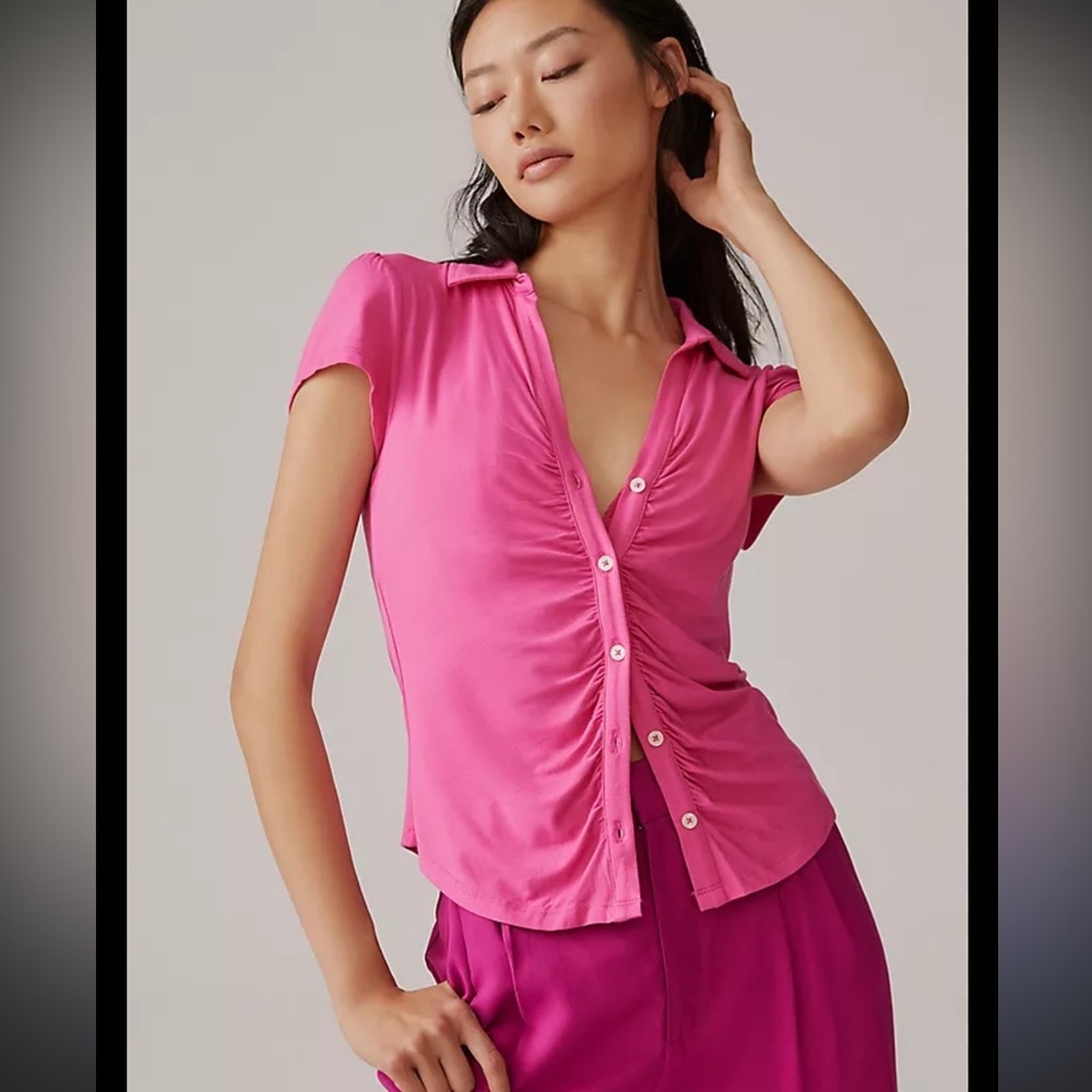NWT From Anthropologie- XL Sanctuary Dream  Vibrant Pink Ruched Button up top